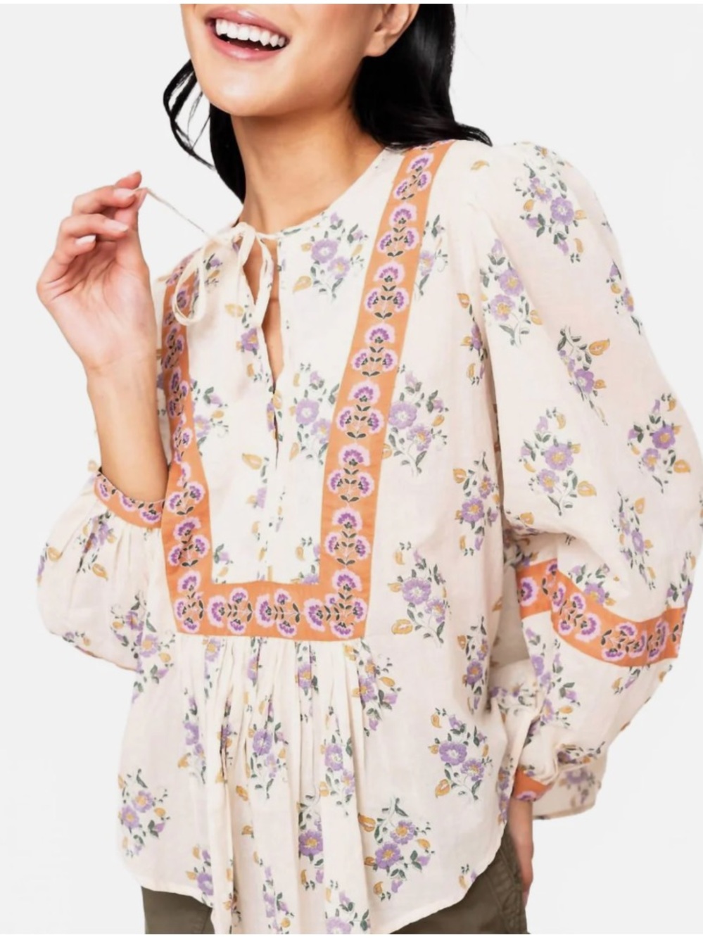 Bila 77 Ridgewood Floral Peasant Top Cottagecore Boho Ivory Cotton Size Small